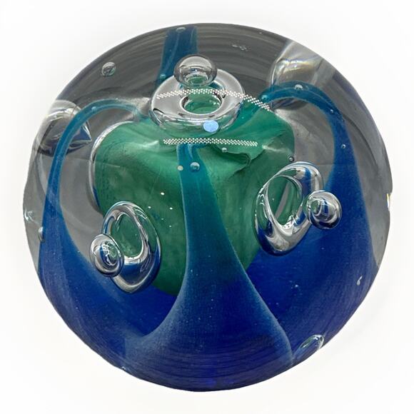 Blue And Green Paperweight With Large And Small Bubbles 3.5” {O} - Picture 1 of 12
